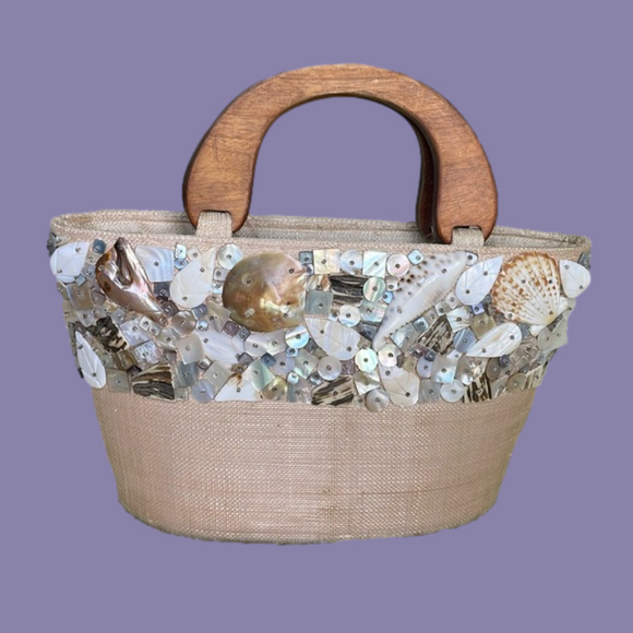 Beach Seashell Sachet Handbag Wooden Handles - Picture 1 of 14